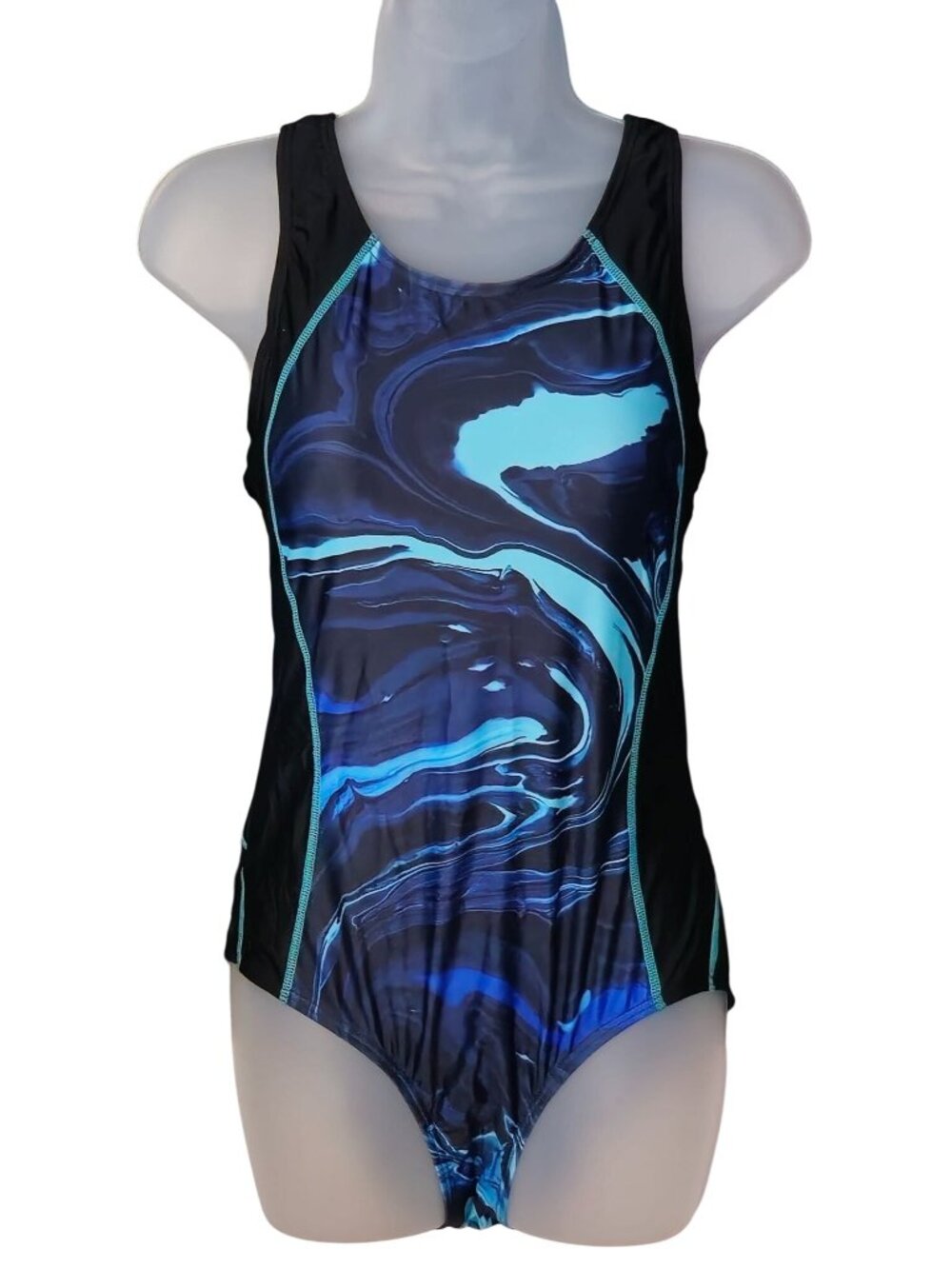 Blue Black Swirl One-Piece Swimsuit M Racerback UPF 50+ Keyhole Lined